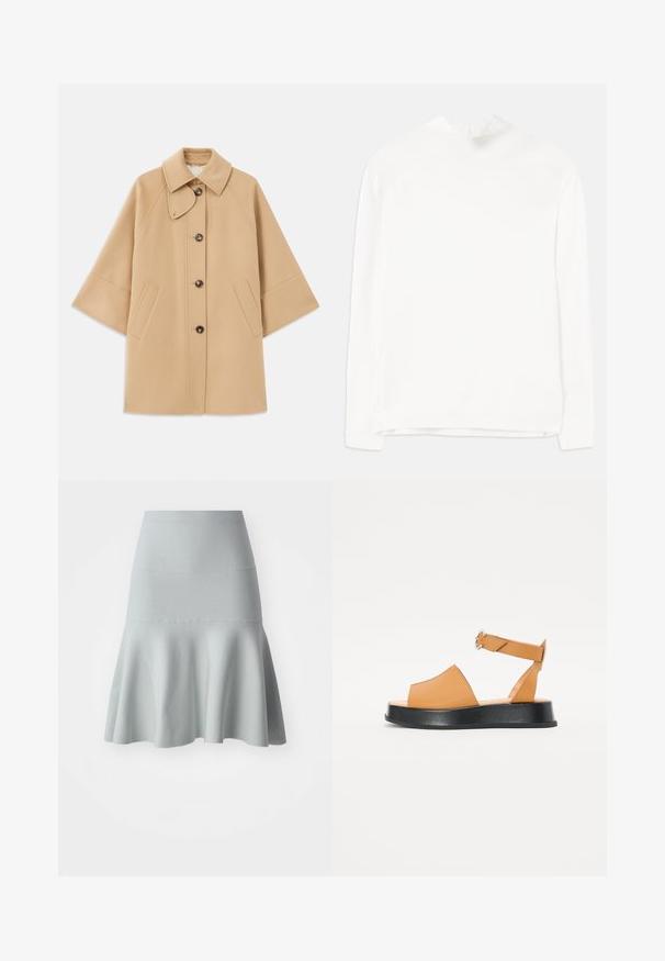Palton din lână bej, cu un guler clasic, închidere frontală cu nasturi și buzunare laterale; are mâneci raglan și un design curat, structurat.; Top alb cu mâneci lungi, având un guler înalt, textură ribbed și o croială dreaptă. Materialul pare moale și neted, fără modele vizibile.; Fustă evazată de culoare albastru deschis, confecționată dintr-un material texturat. Dispune de un talie fixă și un tiv moale, ondulat. Design simplu, fără modele.; Sandale din piele arămie cu partea din față largă, vârful deschis, curea ajustabilă și talpă groasă neagră. Textură netedă și design minimalist.