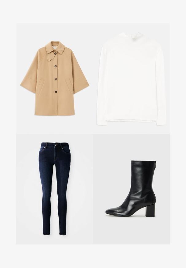 Bež kaput od vune s kombinacijom materijala, klasičnog ovratnika, prednjim zatvorenjem na dugmad i bočnim dzepovima; ima raglan rukave i čist, strukturiran dizajn.; Bijela bluza dugih rukava s visokim izrezom, rebrastom teksturom i ravnim krojem. Tkanina izgleda mekano i glatko bez vidljivih uzoraka.; Tamno plave skinny traperice od denima, s visokim strukom, pet džepovima i detaljima šivanja na džepovima i pojasu.; Crne kožne gležnjače s oštrim vrhom i blok petom visokom 4 cm. Elegantni dizajn s bočnim patentnim zatvaračem za jednostavno obuvanje. Glatka tekstura.