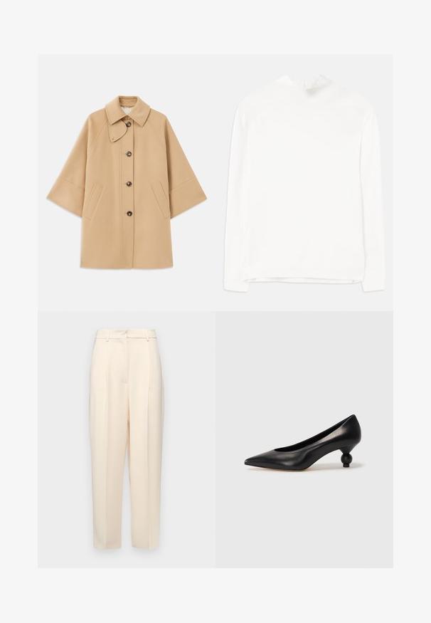 Beež villasegu jakk klassikalise kraega, ees nuppude sulgemise ja küljetaskutega; omab raglan-varrukaid ja puhtalt, struktureeritud disaini.; Valge pikkade varrukatega topp, millel on kõrge kaelus, ribakonstruktsioon ja sirge lõige. Kangas näeb välja pehme ja sile, ilma nähtavate mustriteta.; Beežid kohandatud püksid otse lõikega, ees volditud, siledast tekstuurist ja keskmise kõrgusega vöökoht. Nähtavaid taskuid ei ole.; Must musta kõrge kontsaga king, millel on terav nina ja ümar, pallikujuline konts. Sile pind ja elegantne, minimalistlik disain.