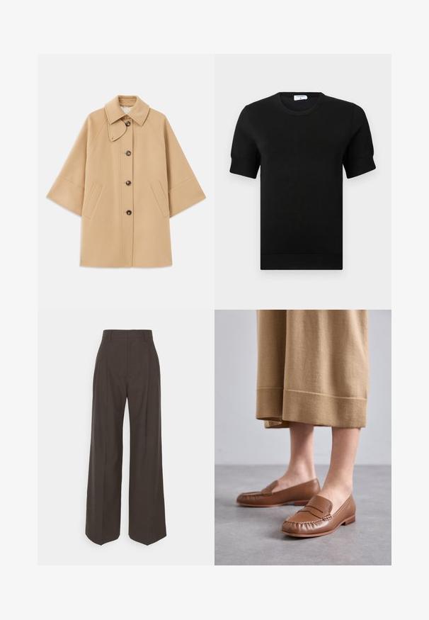 Beige uldblandingsfrakke med klassisk krave, frontknaplukning og sidelommer; har raglanærmer og et rent, struktureret design.; Sort kortærmet striktop med rund halsudskæring. Har diskrete ribdetaljer ved ærmer og kant, fremstillet af et glat stof.; Mørkebrune brede bukser med høj talje, der har pænt pressede folder, glat overflade og en skræddersyet pasform.; MICHAEL Michael Kors CARLSON LOAFER - Loafers - brown