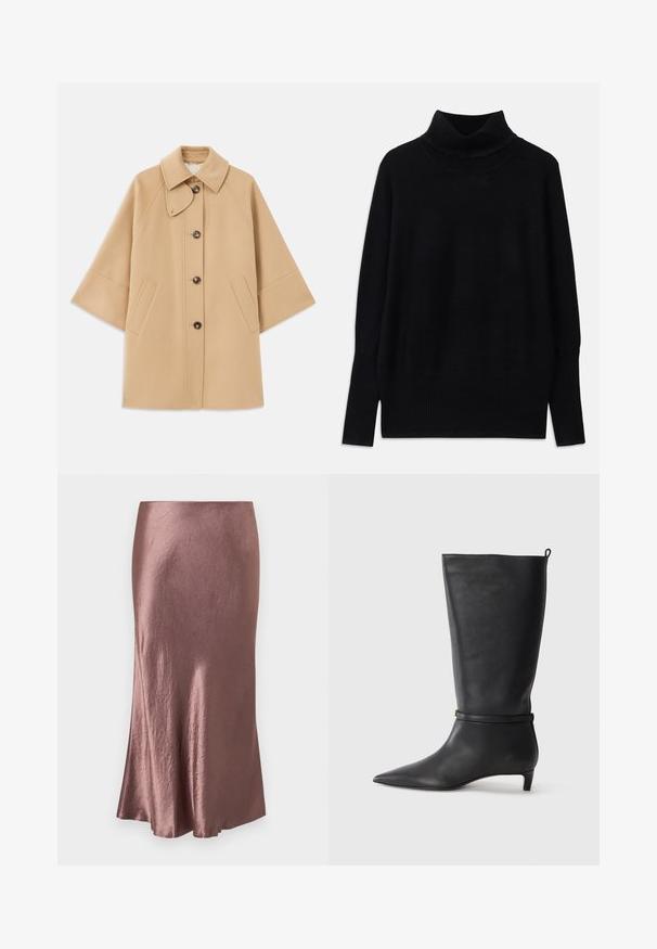 Abrigo de mezcla de lana color beige con un cuello clásico, cierre delantero de botones y bolsillos laterales; presenta mangas raglán y un diseño limpio y estructurado.; Suéter negro de cuello alto fabricado en una suave tela, con acentos acanalados en el collar y los puños, un corte holgado y aberturas laterales.; Falda midi de satén en color malva, textura suave, con dobladillo ligeramente acampanado, diseño sencillo y sin cierres visibles ni adornos.; Bota de cuero negro hasta la rodilla con punta afilada, acentuada por una correa circular alrededor del tobillo y un tacón bajo y afilado. Textura suave.