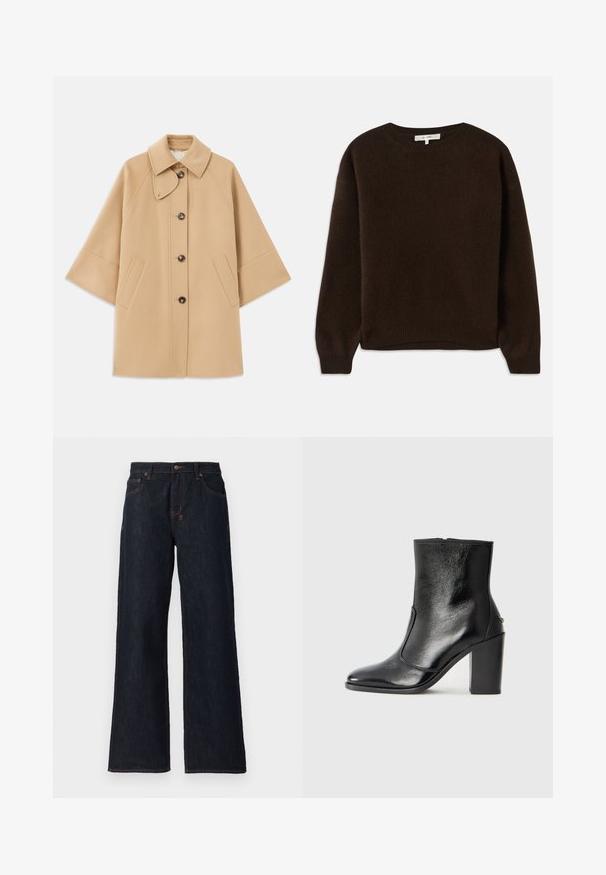 Palton din lână bej, cu un guler clasic, închidere frontală cu nasturi și buzunare laterale; are mâneci raglan și un design curat, structurat.; Pulover tricotat de culoare maro închis, cu guler rotund, tiv cu nervuri și mâneci lungi. Textură moale și design cu o croială lejeră.; Jeans largi de culoare albastru închis, confecționați din denim, cu cusături portocalii, două buzunare frontale și închidere cu buton la talie.; Botină din piele neagră, cu o textură netedă, vârf ascuțit și toc gros, înalt. Dispune de o deschidere laterală și un design minimalist.