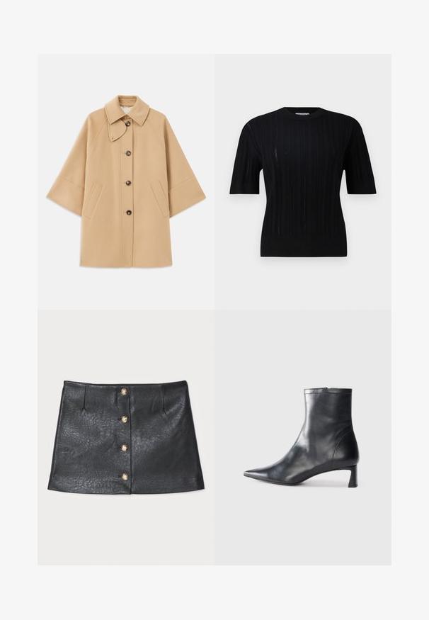Beige wool blend coat with a classic collar, front button closure, and side pockets; features raglan sleeves and a clean, structured design.; Filippa K BRAID - Jumper - black; Black leather mini skirt featuring a sleek design, front button closure with gold accents, and textured surface with subtle sheen.; Black leather ankle boot with a pointed toe and a sleek design. Features a low heel and a zipper closure at the back. Smooth texture.
