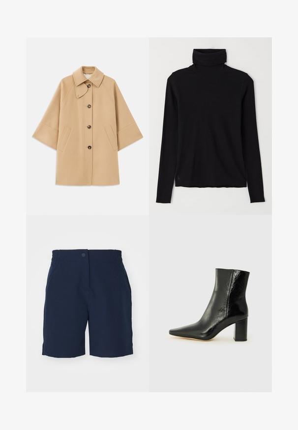 Casaco em mistura de lã bege com colarinho clássico, fecho frontal com botões e bolsos laterais; possui mangas raglan e um design limpo e estruturado.; suéter preto de gola alta feito de tecido canelado. Mangas compridas, design ajustado e uma bainha ligeiramente descontraída, sem padrões visíveis ou acessórios.; Calções azul-marinho feitos de tecido suave, com um cós elástico, bolsos frontais e um design simples de perna reta.; Botim preto até ao tornozelo, feito de couro brilhante, com bico apontado e um salto grosso e quadrado. Apresenta uma textura suave e um design minimalista.
