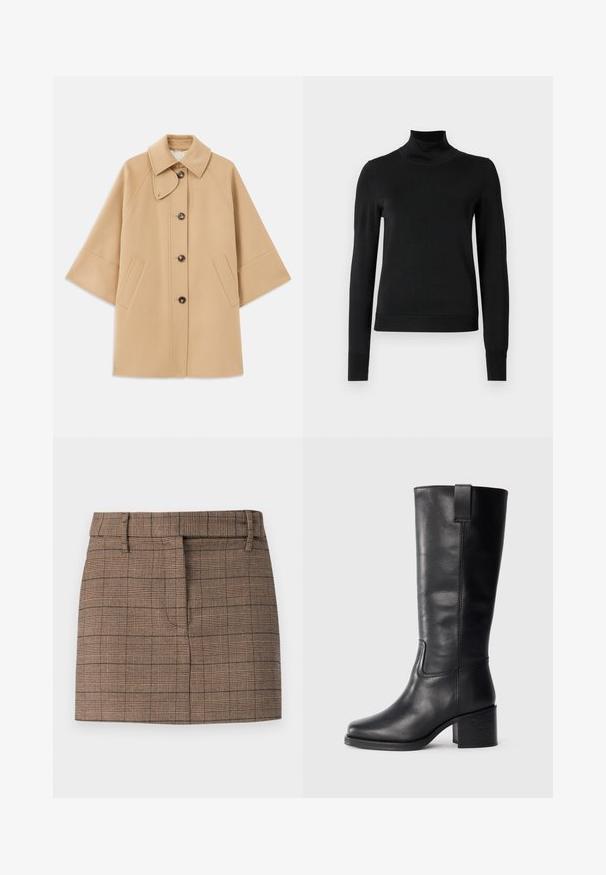 Manteau en mélange de laine beige avec un col classique, fermeture à boutons à l'avant et poches latérales ; présente des manches raglan et un design épuré et structuré.; Pull à col roulé noir à manches longues avec des poignets et un ourlet côtelés, présenté sur un fond blanc uni.; Jupe en tartan marron avec une coupe ajustée, dotée d'une taille plate, de plis en façade et d'un tissu texturé fin.; Bottes en cuir noir montantes, avec une texture lisse, un nez carré, un talon bloc et une languette sur le côté, présentant des coutures minimales.