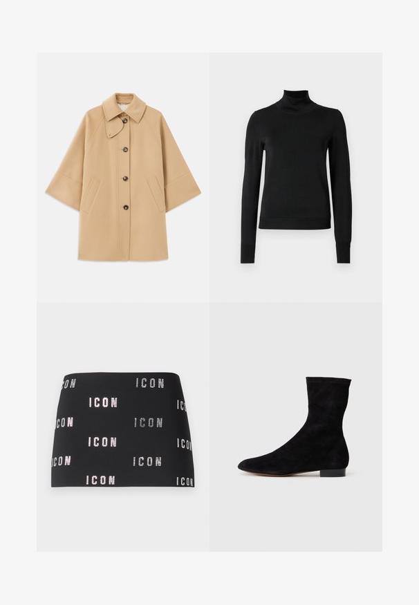 Beige wollen blend jas met een klassieke kraag, sluiting met knopen aan de voorkant en zijzakken; heeft raglanmouwen en een nette, gestructureerde uitstraling.; Zwarte trui met lange mouwen en col, voorzien van geribde manchetten en zoom, weergegeven op een effen witte achtergrond.; Zwarte mini rok met glinsterende "ICON" tekst in een herhalend patroon over de stof, gladde textuur met een figuurvol ontwerpe.; Zwarte suède enkelboot met een aansluitende schacht, puntige neus en een lage blokhak. Gladde textuur en minimalistisch ontwerp, geschikt voor veelzijdige styling.