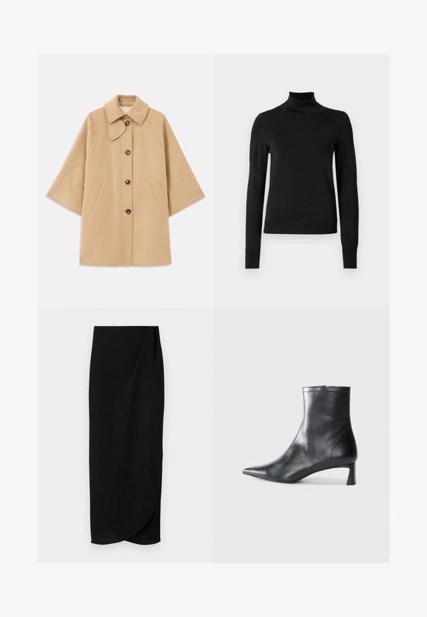 Bež kaput od vune s kombinacijom materijala, klasičnog ovratnika, prednjim zatvorenjem na dugmad i bočnim dzepovima; ima raglan rukave i čist, strukturiran dizajn.; Crna dugosruga majica s rolijom i rebrastim manžetama i donjim rubom, prikazana na jednostavnoj bijeloj pozadini.; Crna midi suknja od glatkog materijala, s drapiranim dizajnom i blagim detaljem omota sprijeda. Jednostavan, elegantan silueta.; Crne kožne gležnjače s uskim vrhom i elegantnim dizajnom. Imaju niski potpetak i zatvaranje na patentni zatvarač straga. Glatka tekstura.