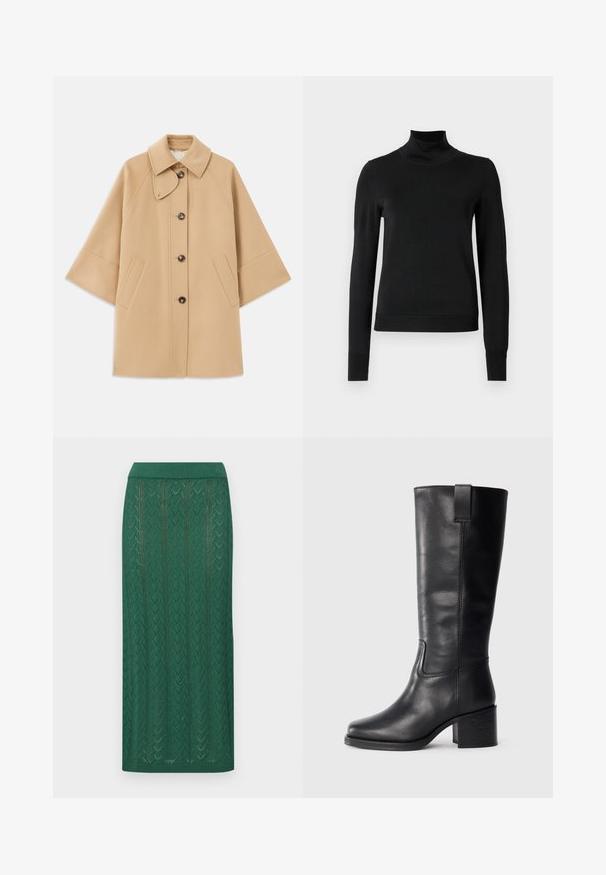 Beige uldblandingsfrakke med klassisk krave, frontknaplukning og sidelommer; har raglanærmer og et rent, struktureret design.; Sort langærmet turtleneck sweater med ribbede manchetter og kant, vist på en simpel hvid baggrund.; Strikket grøn nederdel med et herringbone-mønster, bred talje og en mellemlang længde med en struktureret overflade.; Sorte læderknæhøje støvler med en glat tekstur, firkantet tå, blokhæl og sideløkke, der har minimale syninger.