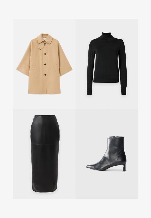Palton din lână bej, cu un guler clasic, închidere frontală cu nasturi și buzunare laterale; are mâneci raglan și un design curat, structurat.; Pulover negru cu mânecă lungă și guler tip colier, cu manșete și tiv cu elastic, expus pe un fundal alb simplu.; Fustă midi din piele neagră, cu o siluetă ajustată, textură netedă, talie înaltă și închidere cu fermoar discret pe lateral. Fără modele sau accente.; Cizmă de gleznă din piele neagră cu vârf ascuțit și un design elegant. Dispune de un toc mic și de o închidere cu fermoar la spate. Textură netedă.