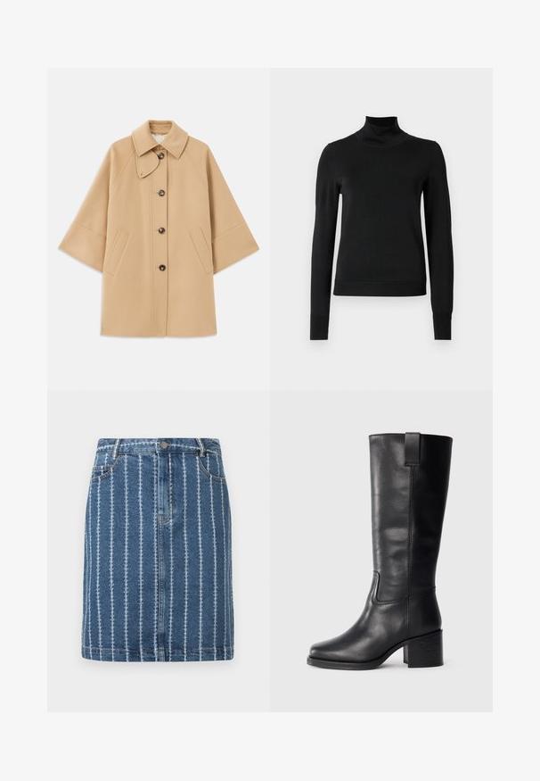 Casaco em mistura de lã bege com colarinho clássico, fecho frontal com botões e bolsos laterais; possui mangas raglan e um design limpo e estruturado.; Sweater preto de manga longa com gola alta, com punhos e bainha canelados, exposto em um fundo branco liso.; Saia de denimu com riscas brancas verticais, apresentando um cós, bolsos frontais e um corte reto. Tecido azul com uma textura ligeiramente desbotada.; Botas altas de couro preto com textura suave, bico quadrado, salto bloco e puxador lateral, apresentando detalhes de costura mínimos.