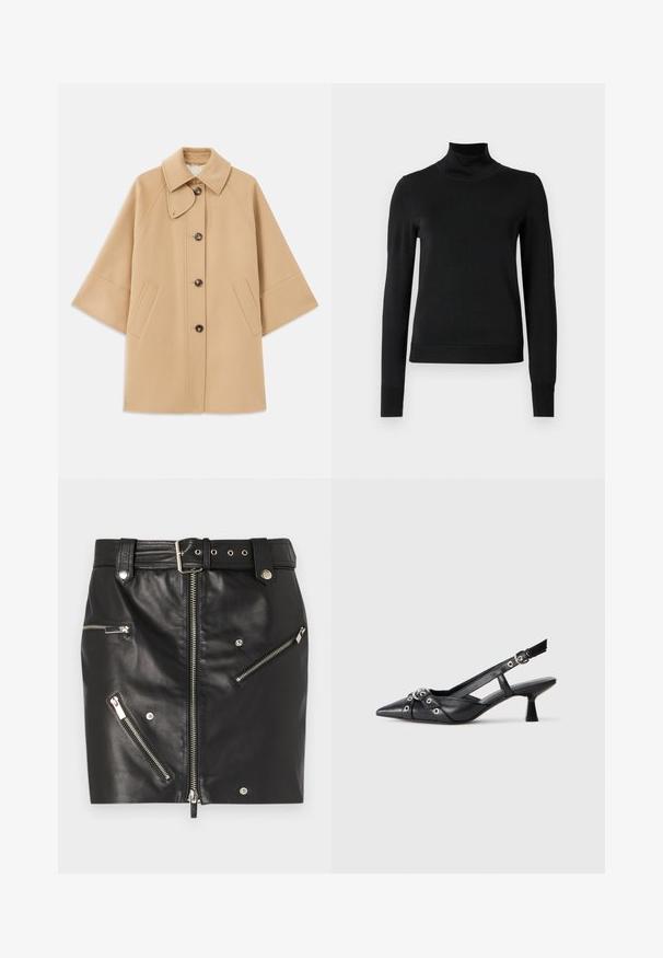 Bežs vilnas maisījuma mētelis ar klasisku apkakli, priekšējo pogu aizdares un sānu kabatām; satur raglanu piedurknes un tīru, strukturētu dizainu.; Melnas garām piedurknēm turtlenecks džemperis ar ribotām aprocēm un apakšmali, attēlots uz vienkārša balta fona.; Melnas ādas mini svārki ar priekšējo rāvējslēdzēju, vairākiem rāvējslēdzēju kabatām, jostu ar sprādzi un sudraba aksesuāriem.; Melnas ādas šlipsveida kurpes ar norādītu purngalu, dekoratīvām joslām ar metāla acīm un zemu bloku papēdi. Teksturēta virsma.