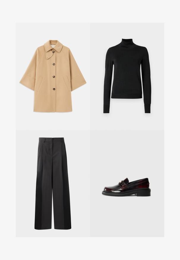 Beige kabát z vlněné směsi s klasickým límcem, zapínáním na knoflíky vpředu a bočními kapsami; má raglánové rukávy a čistý, strukturovaný design.; Černý dlouhý rukáv rolák se žebrovanými manžetami a lemem, vystavený na čistě bílém pozadí.; Černé kalhoty širokého střihu s vysokým pasem, které mají přední sklady, hladký povrch a upravený vzhled. Navrženy pro volný střih.; Kožené mokasíny ve tmavě burgundské barvě s lesklým povrchem. Má šitou svršek, přední pásek a plochou gumovou podrážku.