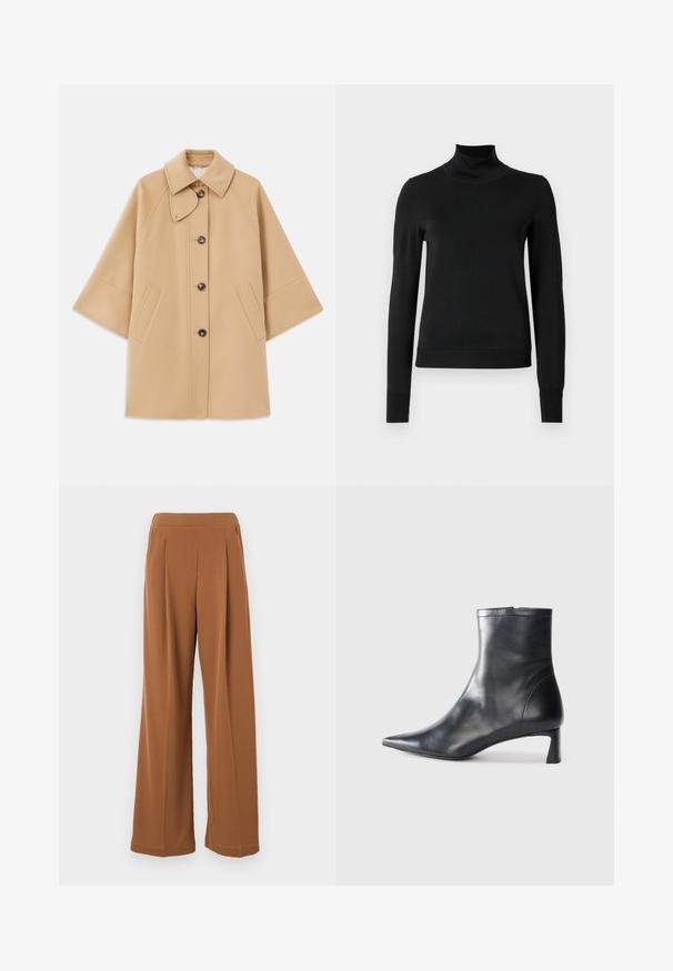 Palton din lână bej, cu un guler clasic, închidere frontală cu nasturi și buzunare laterale; are mâneci raglan și un design curat, structurat.; Pulover negru cu mânecă lungă și guler tip colier, cu manșete și tiv cu elastic, expus pe un fundal alb simplu.; Max Mara Leisure EUCLIDE - Pantaloni - cuoio; Cizmă de gleznă din piele neagră cu vârf ascuțit și un design elegant. Dispune de un toc mic și de o închidere cu fermoar la spate. Textură netedă.
