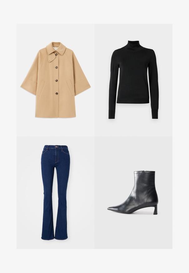 Beige gyapjú mix kabát klasszikus gallérral, elülső gombos záródással és oldalsó zsebekkel; raglán ujjaival és letisztult, strukturált dizájnjával rendelkezik.; Fekete, hosszú ujjú garbós pulóver bordás mandzsettákkal és aljjal, sima fehér háttér előtt bemutatva.; Sötétkék, flared farmernadrág, pamut denim anyagból, magas derekú, öt zsebes, finom varrási részletekkel és sima felülettel.; Fekete bőr bokacsizma hegyes orral és letisztult dizájnnal. Alacsony sarka és hátsó cipzáras záródása van. Simának tűnő textúra.