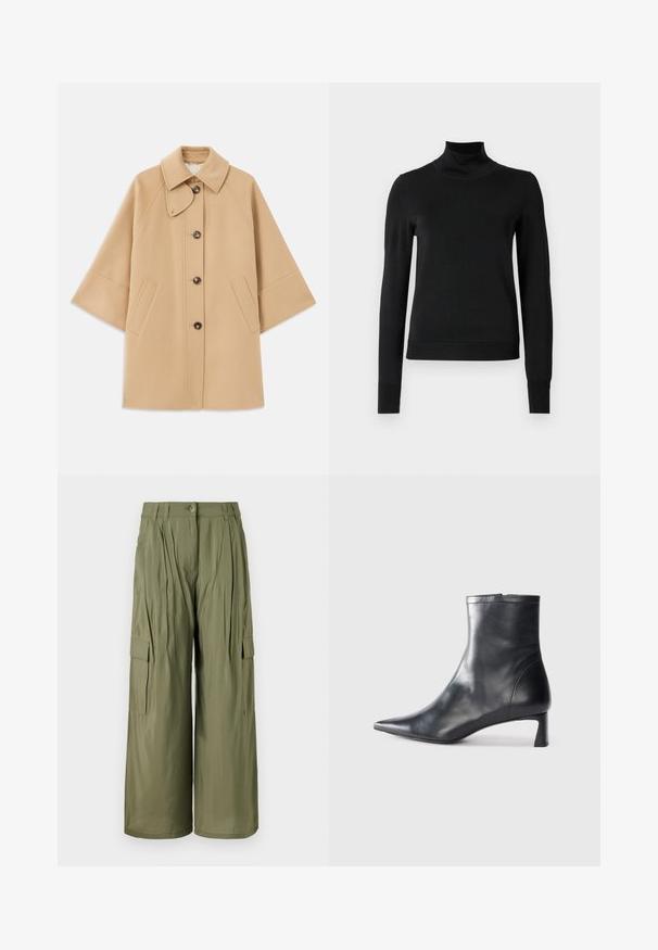 Manteau en mélange de laine beige avec un col classique, fermeture à boutons à l'avant et poches latérales ; présente des manches raglan et un design épuré et structuré.; Pull à col roulé noir à manches longues avec des poignets et un ourlet côtelés, présenté sur un fond blanc uni.; Pantalons cargo à jambe large olive avec plis sur le devant, poches latérales et fermeture par bouton. Texture lisse, tissu léger.; Bottine en cuir noir avec un bout pointu et un design épuré. Présente un petit talon et une fermeture éclair à l'arrière. Texture lisse.