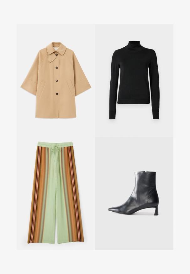 Beige kabát z vlněné směsi s klasickým límcem, zapínáním na knoflíky vpředu a bočními kapsami; má raglánové rukávy a čistý, strukturovaný design.; Černý dlouhý rukáv rolák se žebrovanými manžetami a lemem, vystavený na čistě bílém pozadí.; Kalhoty s širokými nohavicemi z světle zelené látky s vertikálními pruhy v hnědé, oranžové a vícebarevné akcenty. Elastický pas se šňůrkou.; Černé kožené kotníkové boty s špičatou špičkou a elegantním designem. Mají nízký podpatek a zipové zapínání na zadní straně. Hladká textura.