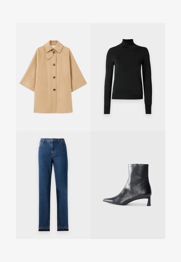Beżowy płaszcz z wełny z klasycznym kołnierzem, z przodu zapinany na guziki, z kieszeniami po bokach; posiada rękawy raglanowe oraz prosty, uporządkowany fason.; Czarny sweter z długim rękawem i stojącym kołnierzem, z prążkowanymi mankietami i dołem, zaprezentowany na białym tle.; Niebianskie dżinsy z prostymi nogawkami, pięcioma kieszeniami i zapięciem na guzik. Zawierają kontrastowe szwy i lekkie wyblaknięcie.; Czarne skórzane botki sięgające kostki z ostrym noskiem i eleganckim designem. Posiadają niski obcas oraz zamek błyskawiczny z tyłu. Gładka faktura.