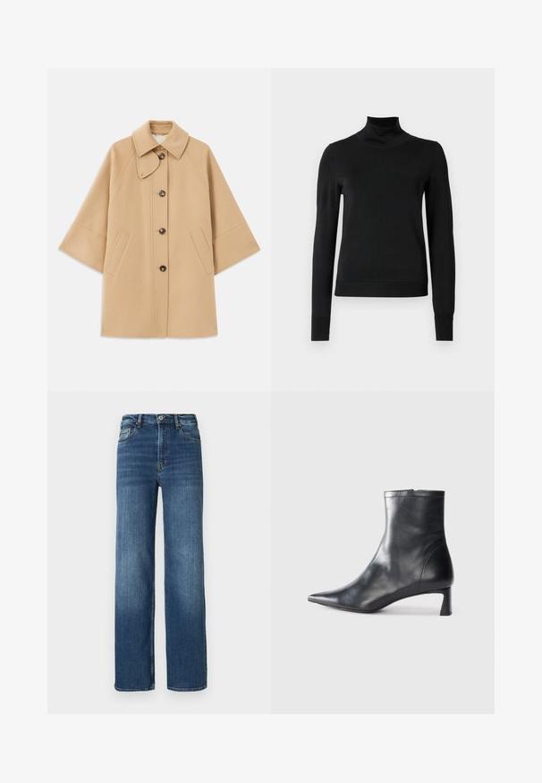 Bežs vilnas maisījuma mētelis ar klasisku apkakli, priekšējo pogu aizdares un sānu kabatām; satur raglanu piedurknes un tīru, strukturētu dizainu.; Melnas garām piedurknēm turtlenecks džemperis ar ribotām aprocēm un apakšmali, attēlots uz vienkārša balta fona.; Plašas zilas džinsa bikses ar izbalējušu apdari, piecu kabatu dizainu, pogu aizdari un redzamām auduma šuvēm.; Melnas ādas potītes zābaki ar norādītu pirkstu un elegantu dizainu. Iezīmē zemu papēdi un rāvējslēdzēja aizdari aizmugurē. Gluda tekstūra.