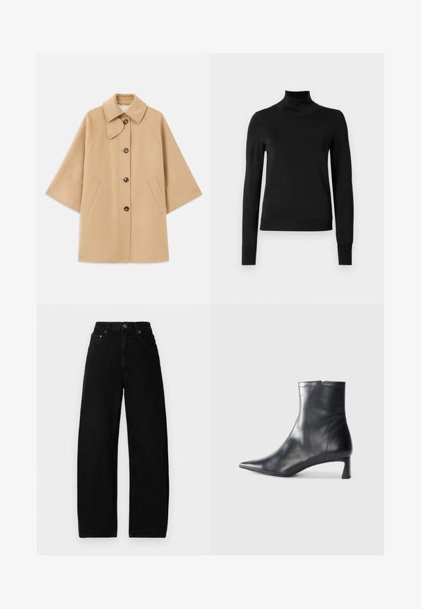 Cappotto in misto lana beige con colletto classico, chiusura frontale con bottoni e tasche laterali; presenta maniche a raglan e un design pulito e strutturato.; Pullover nero a maniche lunghe con collo alto, rifinito con polsini e orlo a coste, mostrato su uno sfondo bianco semplice.; Jeans a gamba larga in denim nero con vita alta, dotati di chiusura frontale a bottone, tasche e una texture liscia e opaca.; Stivaletto in pelle nera con punta affusolata e design elegante. Presenta un tacco basso e una chiusura con zip sul retro. Texture liscia.