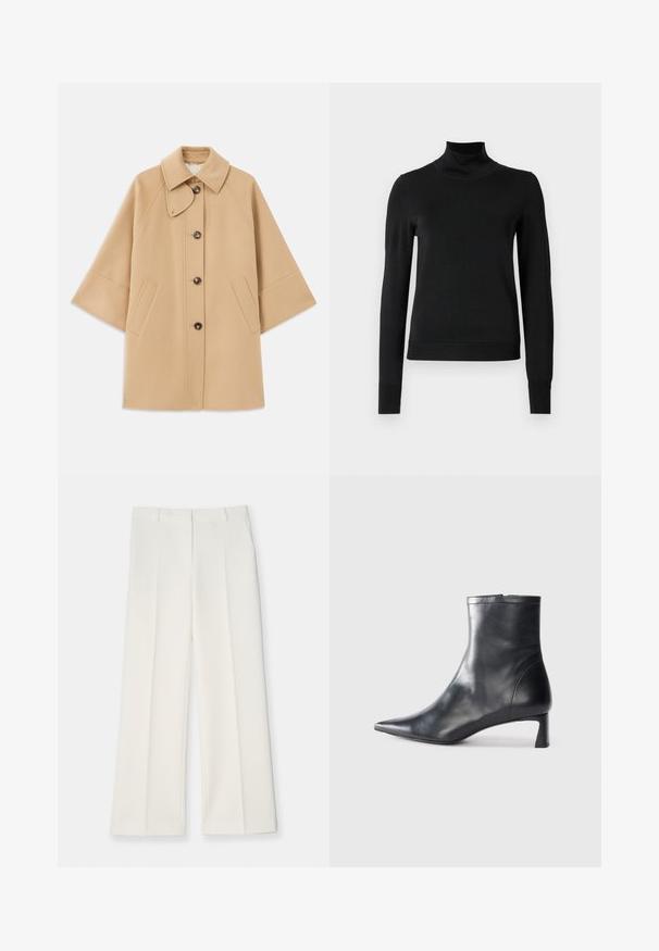 Beige wollen blend jas met een klassieke kraag, sluiting met knopen aan de voorkant en zijzakken; heeft raglanmouwen en een nette, gestructureerde uitstraling.; Zwarte trui met lange mouwen en col, voorzien van geribde manchetten en zoom, weergegeven op een effen witte achtergrond.; Wijd geplooide broek van licht crèmekleurige stof, met een gladde textuur, voorkeursplooien en twee zijkanten. Op maat gemaakte tailleband.; Zwarte leren enkellaars met een spitse neus en een slank ontwerp. Heeft een lage hak en een ritssluiting aan de achterkant. Gladde textuur.