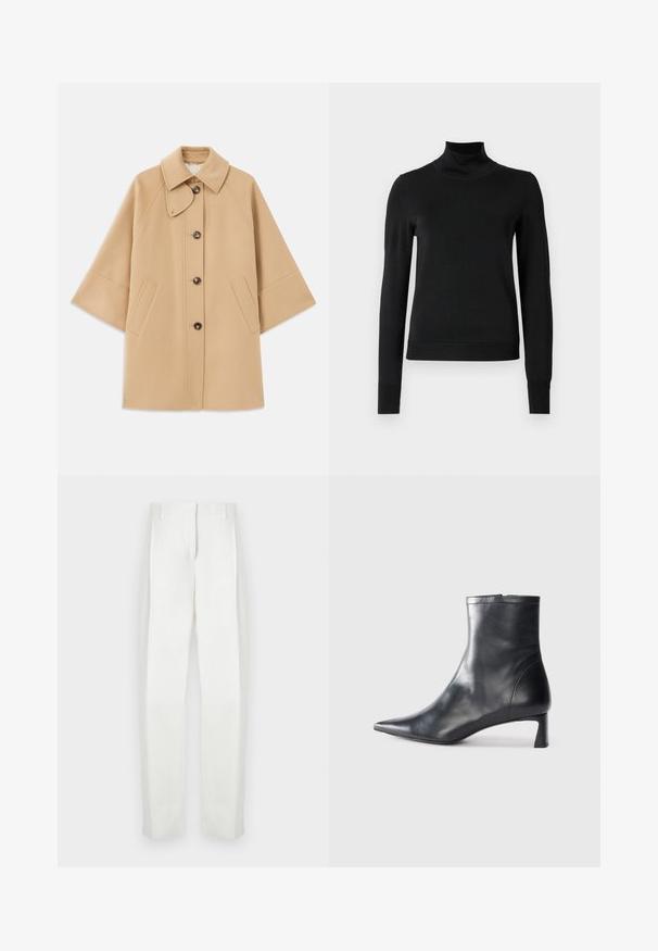 Manteau en mélange de laine beige avec un col classique, fermeture à boutons à l'avant et poches latérales ; présente des manches raglan et un design épuré et structuré.; Pull à col roulé noir à manches longues avec des poignets et un ourlet côtelés, présenté sur un fond blanc uni.; Paul Smith Pantalon classique - white; Bottine en cuir noir avec un bout pointu et un design épuré. Présente un petit talon et une fermeture éclair à l'arrière. Texture lisse.