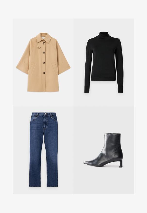 Bežový kabát z vlnenej zmesi s klasickým golierom, predným zapínaním na gombíky a bočnými vreckami; má raglánové rukávy a čistý, štruktúrovaný dizajn.; Čierny dlhý rukáv rolák s rebrovanými manžetami a lemom, zobrazený na čistej bielej pozadí.; Jeans z denimu v tmavomodrom odtieni. Rovný strih s piatimi vreckami, predné zapínanie na gombík a kontrastné švy.; Čierne kožené členkové topánky s špicatou špičkou a elegantným dizajnom. Majú nízky podpätok a zips na zadnej strane. Hladká textúra.