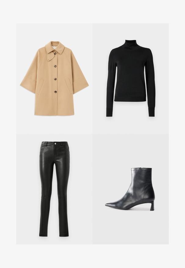 Šviesiai rudas vilnos mišinys paltas su klasikiniu apykakle, priekyje mygtukais užsegamas, ir šoninėmis kišenėmis; turi raglan tipo rankoves ir švarų, struktūrizuotą dizainą.; Juoda ilgomis rankovėmis turtleneko tipo megztinis su rebruotomis rankovėmis ir apačia, eksponuojamas ant paprasto balto fono.; Juodos odinės kelnės su prigludusia forma, lygiu paviršiumi, vidutinio aukščio liemeniu ir subtiliais siuvinėjimo detalėmis. Yra priekiniai kišeniai ir metalinis mygtukas.; Juodas odinis kulkšninis batas su smailiu pirštu ir elegantišku dizainu. Turi žemą kulną ir užtrauktuką gale. Lygi tekstūra.