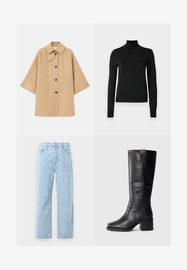 Abrigo de mezcla de lana color beige con un cuello clásico, cierre delantero de botones y bolsillos laterales; presenta mangas raglán y un diseño limpio y estructurado.; Suéter negro de manga larga con cuello de tortuga, con puños y dobladillo acanalados, exhibido sobre un fondo blanco liso.; Jeans de pierna recta azul claro con un sutil patrón de rayas de cebra, cierre de botón y cremallera, y diseño de cinco bolsillos.; Botas de cuero negro hasta la rodilla con una textura suave, punta cuadrada, tacón cuadrado y tirador lateral, con detalles de costura mínimos.
