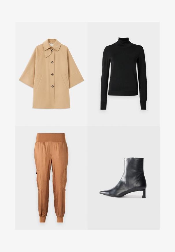 Beżowy płaszcz z wełny z klasycznym kołnierzem, z przodu zapinany na guziki, z kieszeniami po bokach; posiada rękawy raglanowe oraz prosty, uporządkowany fason.; Czarny sweter z długim rękawem i stojącym kołnierzem, z prążkowanymi mankietami i dołem, zaprezentowany na białym tle.; Brązowe satynowe spodnie cargo z elastycznym pasem, bocznymi kieszeniami i zwężanymi mankietami. Gładka tekstura i lekka tkanina.; Czarne skórzane botki sięgające kostki z ostrym noskiem i eleganckim designem. Posiadają niski obcas oraz zamek błyskawiczny z tyłu. Gładka faktura.