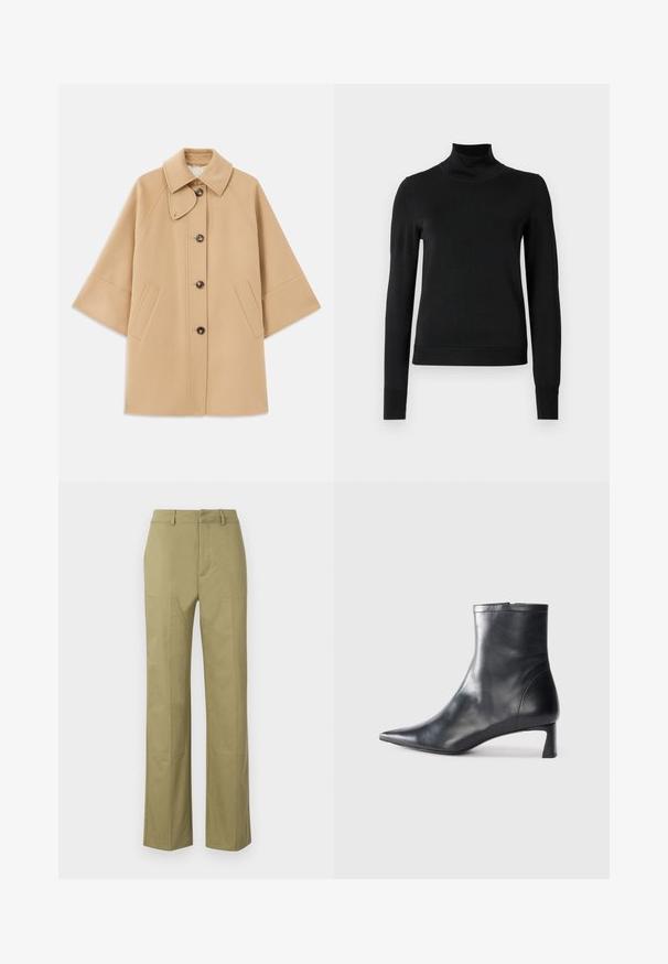 Beige kabát z vlněné směsi s klasickým límcem, zapínáním na knoflíky vpředu a bočními kapsami; má raglánové rukávy a čistý, strukturovaný design.; Černý dlouhý rukáv rolák se žebrovanými manžetami a lemem, vystavený na čistě bílém pozadí.; Khaki kalhoty vyrobené z bavlněné směsi, s rovně střiženými nohavicemi, viditelnými švy a kapsami na přední straně.; Černé kožené kotníkové boty s špičatou špičkou a elegantním designem. Mají nízký podpatek a zipové zapínání na zadní straně. Hladká textura.