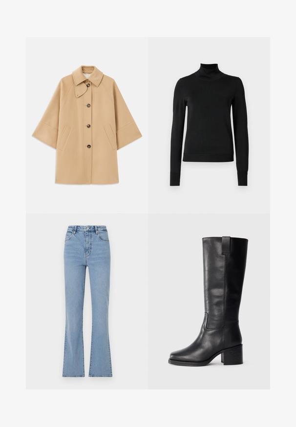 Beige uldblandingsfrakke med klassisk krave, frontknaplukning og sidelommer; har raglanærmer og et rent, struktureret design.; Sort langærmet turtleneck sweater med ribbede manchetter og kant, vist på en simpel hvid baggrund.; Lyseblå flagrende jeans med høj talje, lavet af denim. Har en frontlukning med knap og lynlås, samt synlige syninger langs sømmene.; Sorte læderknæhøje støvler med en glat tekstur, firkantet tå, blokhæl og sideløkke, der har minimale syninger.