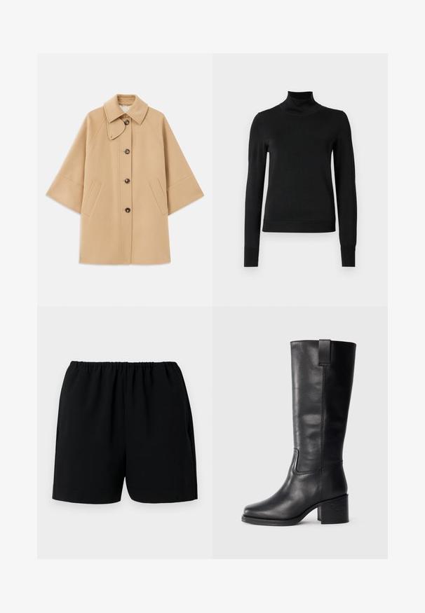 Beige kabát z vlněné směsi s klasickým límcem, zapínáním na knoflíky vpředu a bočními kapsami; má raglánové rukávy a čistý, strukturovaný design.; Černý dlouhý rukáv rolák se žebrovanými manžetami a lemem, vystavený na čistě bílém pozadí.; Černé šortky s elastickým pasem, vyrobené z lehkého materiálu. Mají jednoduchý design se rovnými nohavicemi a bez viditelných vzorů.; Černé kožené kozačky až ke kolenům s hladkým povrchem, čtveratou špičkou, širokým podpatkem a bočním poutkem, se minimalizovanými švy.