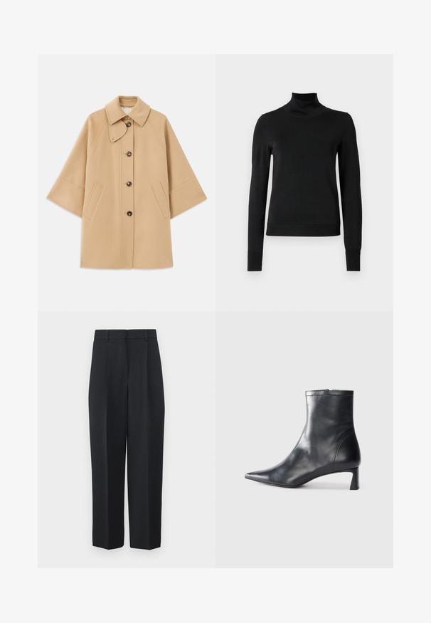 Beige kabát z vlněné směsi s klasickým límcem, zapínáním na knoflíky vpředu a bočními kapsami; má raglánové rukávy a čistý, strukturovaný design.; Černý dlouhý rukáv rolák se žebrovanými manžetami a lemem, vystavený na čistě bílém pozadí.; WEEKEND MaxMara RONCHI - Kalhoty - blu; Černé kožené kotníkové boty s špičatou špičkou a elegantním designem. Mají nízký podpatek a zipové zapínání na zadní straně. Hladká textura.
