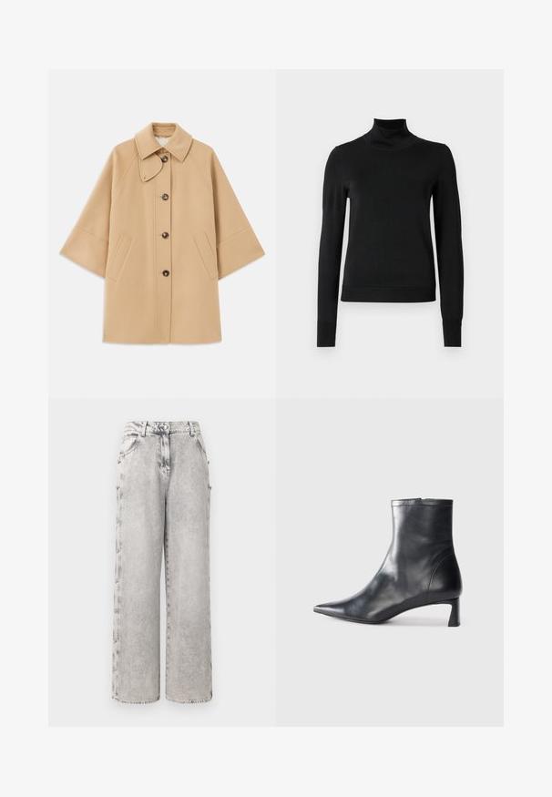 Beige kabát z vlněné směsi s klasickým límcem, zapínáním na knoflíky vpředu a bočními kapsami; má raglánové rukávy a čistý, strukturovaný design.; Černý dlouhý rukáv rolák se žebrovanými manžetami a lemem, vystavený na čistě bílém pozadí.; Iro ANDREEA - Wide leg - mixed grey; Černé kožené kotníkové boty s špičatou špičkou a elegantním designem. Mají nízký podpatek a zipové zapínání na zadní straně. Hladká textura.