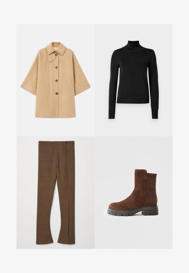 Μπεζ παλτό από μείγμα μαλλιού με κλασικό γιακά, μπροστινό κλείσιμο με κουμπιά και πλευρικές τσέπες; διαθέτει ράγκλαν μανίκια και καθαρή, δομημένη σχεδίαση.; Μαύρο μακρυμάνικο πουλόβερ με ψηλή λαιμόκοψη και ριγωτές μανσέτες και τελείωμα, το οποίο είναι παρουσιασμένο σε απλή λευκή φόντο.; Καφέ καρό φαρδύ παντελόνι με υφή, ψηλή μέση και φερμουάρ στο πλάι.; Καφέ σουέτ ankle boots με ελαστικά πλαϊνά, στρογγυλεμένη μύτη και χοντρή καουτσούκ σόλα με υφή στο σχέδιο.