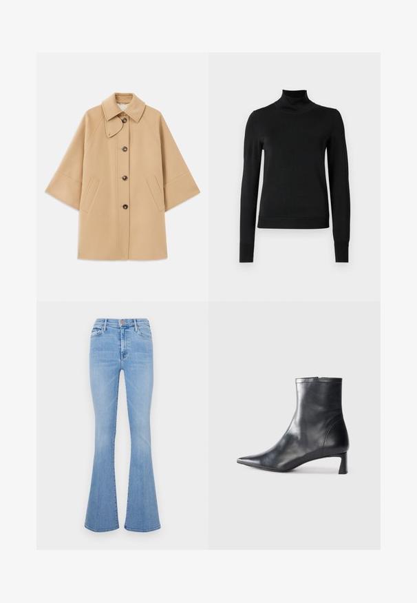 Beež villasegu jakk klassikalise kraega, ees nuppude sulgemise ja küljetaskutega; omab raglan-varrukaid ja puhtalt, struktureeritud disaini.; Mustmusterta mustaga pikkade varrukatega kõrge kaelusega sviiter, millel on ribakudumisega mansetid ja äär, esitatud lihtsal valgel taustal.; Hea sinine flared teksad kõrge vöökohaga, valmistatud denimpangmast, esipocketidega ja õrna pleekinud tekstuuriga.; Mustad mustall nahkasaabas terava nina ja stiilse disainiga. Omab madalat konts ja luku sulgemist taga. Sile tekstuur.