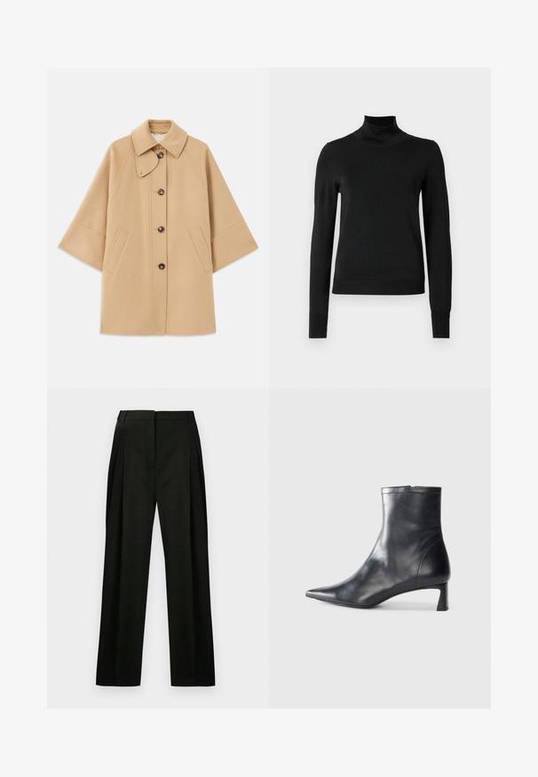 Palton din lână bej, cu un guler clasic, închidere frontală cu nasturi și buzunare laterale; are mâneci raglan și un design curat, structurat.; Pulover negru cu mânecă lungă și guler tip colier, cu manșete și tiv cu elastic, expus pe un fundal alb simplu.; Pantaloni negri evazați cu un material texturat, având pliuri frontale și un talie curată, croit. Fără buzunare vizibile sau embellismente.; Cizmă de gleznă din piele neagră cu vârf ascuțit și un design elegant. Dispune de un toc mic și de o închidere cu fermoar la spate. Textură netedă.