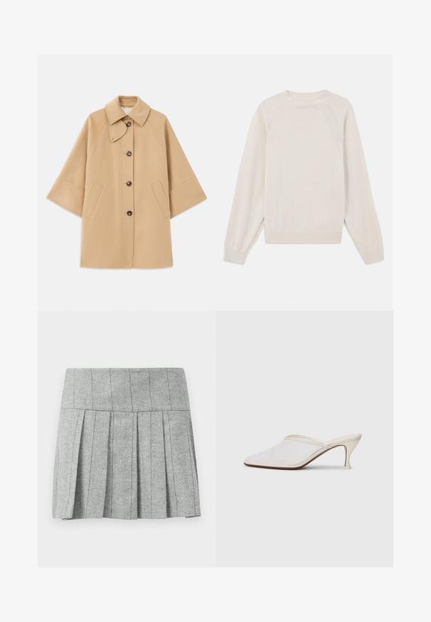 Beige ullblandad kappa med klassisk krage, framknäppning med knappar och sidofickor; har raglanärmar och en ren, strukturerad design.; Ljus krämfärgad tröja av mjuk, stickad tyg. Har rundad halsringning, långa ärmar och ribbade mudd och fåll med raglanärmar.; Grå plisserad kjol tillverkad av tyg i fiskbensmönster; har en strukturerad midja och en rak nedre kant.; Vit nät-mule med spetsig tå, smal klack i medelhöjd och slip-on design mot en enkel bakgrund.