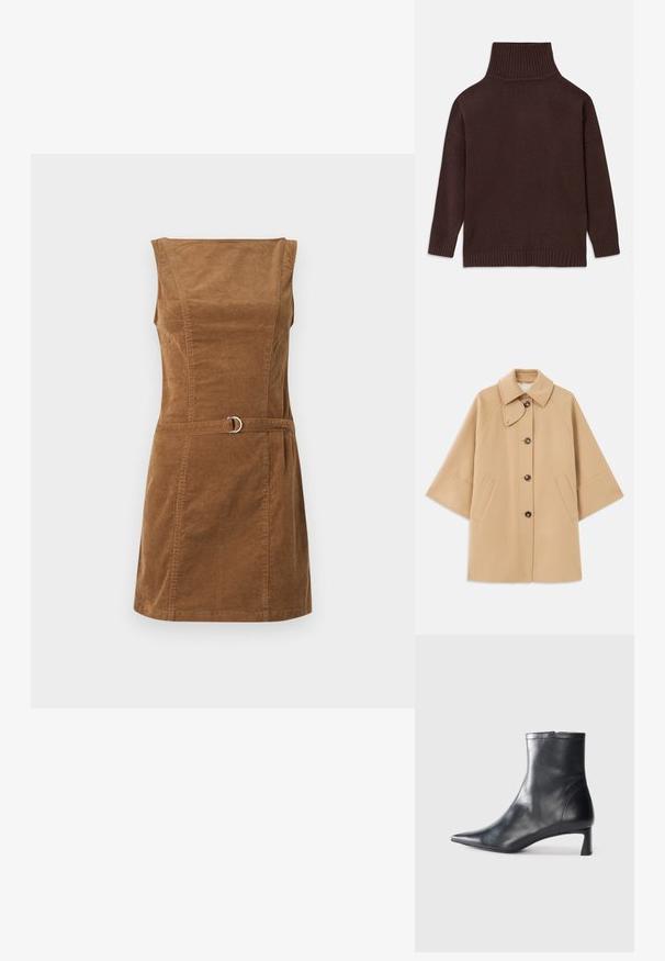 Beige gyapjú mix kabát klasszikus gallérral, elülső gombos záródással és oldalsó zsebekkel; raglán ujjaival és letisztult, strukturált dizájnjával rendelkezik.; Barna kötött garbó pulóver magas bordás nyakkal, ejtett vállakkal, és bordás mandzsettákkal és aljjal. Sima textúra, laza szabás.; Barna kordbársony ruha négyzet alakú kivágással, ujjatlan kialakítással, testhezálló felső résszel és ezüst színű kerek fém részlettel díszített övvel.; Fekete bőr bokacsizma hegyes orral és letisztult dizájnnal. Alacsony sarka és hátsó cipzáras záródása van. Simának tűnő textúra.; Pleátolt bézs bőr válltáska ezüst fém kerettel, két kerek díszcsattal és ezüst lánc pánttal.