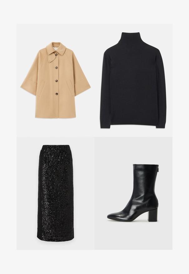 Palton din lână bej, cu un guler clasic, închidere frontală cu nasturi și buzunare laterale; are mâneci raglan și un design curat, structurat.; Pulover negru cu guler înalt, fabricat dintr-un material moale. Are mâneci lungi, un guler înalt și manșete și tiv cu dantelă pentru un aspect ajustat.; Fustă conică neagră din paiete, cu un brâu elastic. Suprafața este acoperită cu paiete aranjate dens, creând un aspect texturat.; Botină din piele neagră, cu vârf ascuțit și toc bloc de 4 cm. Design elegant, cu un fermoar lateral pentru o îmbrăcare ușoară. Textură netedă.