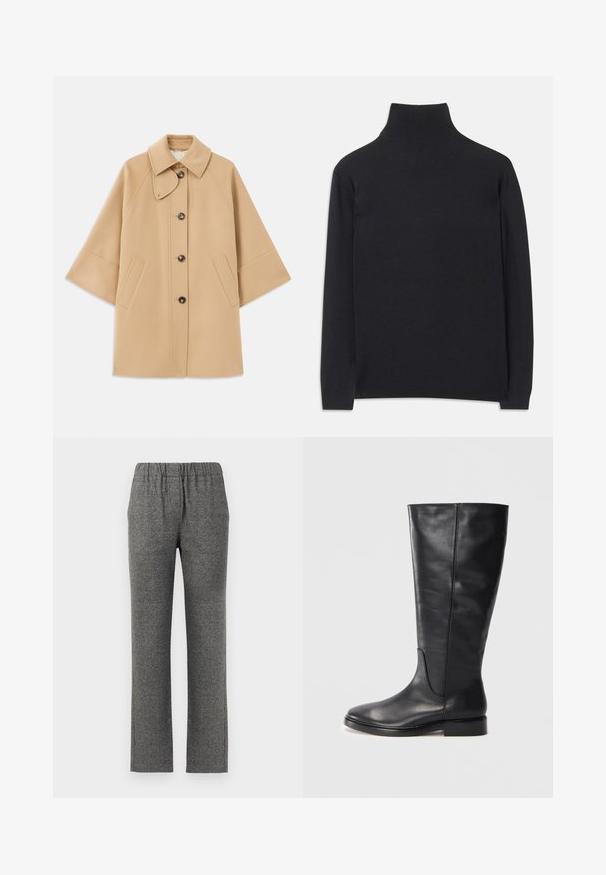 Palton din lână bej, cu un guler clasic, închidere frontală cu nasturi și buzunare laterale; are mâneci raglan și un design curat, structurat.; Pulover negru cu guler înalt, fabricat dintr-un material moale. Are mâneci lungi, un guler înalt și manșete și tiv cu dantelă pentru un aspect ajustat.; Pantaloni gri, texturati, cu talie elastica si design cu picioare drepte. Prezinta un model subtil pentru un plus de interes vizual.; Botină neagră din piele, până la genunchi, cu un toc mic și bot rotund, care prezintă detalii de coasere pe tijă și pe partea din față.