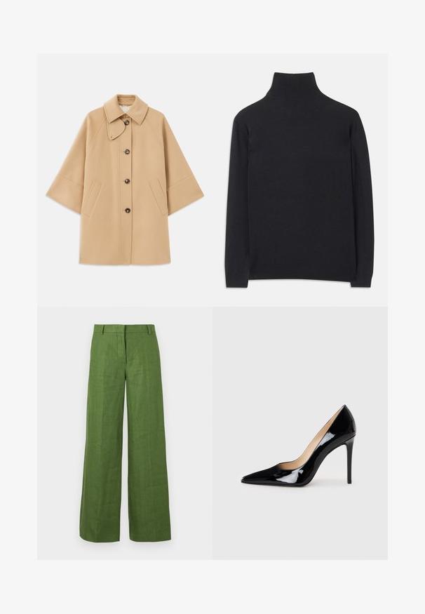 Bežna volnena jopica s klasičnim ovratnikom, sprednjim gumbom za zapiranje in stranskimi žepi; ima raglan rokave in čist, strukturiran dizajn.; Črn pulover z visoko ovratnikom, izdelan iz mehkega materiala. Ima dolge rokave, visoko ovratnik ter rebraste manšete in rob, kar daje prilegajoč videz.; WEEKEND MaxMara MALIZIA - Hlače - green; Črne patent usnjene visoke pete s koničastim dizajnom in elegantno silhueto. Imajo gladko, sijočo površino in ozko stiletto peto.