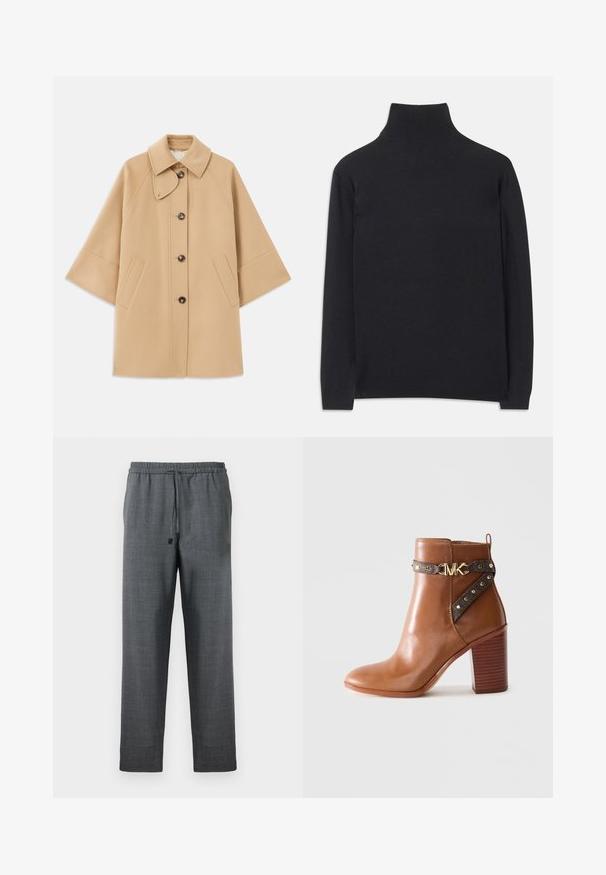 Beige wollen blend jas met een klassieke kraag, sluiting met knopen aan de voorkant en zijzakken; heeft raglanmouwen en een nette, gestructureerde uitstraling.; Zwarte coltrui gemaakt van zacht materiaal. Heeft lange mouwen, een hoge hals, en ribbelachtige boorden en onderkant voor een aansluitende look.; Donkergrijze broeken van een gestructureerde stof, met een elastische taille en verstelbaar trekkoord. Recht model zonder zakken.; Bruine leren enkellaars met een gestapelde blokhak, zijriem met gouden studs en een gouden "MK" logo gesp.