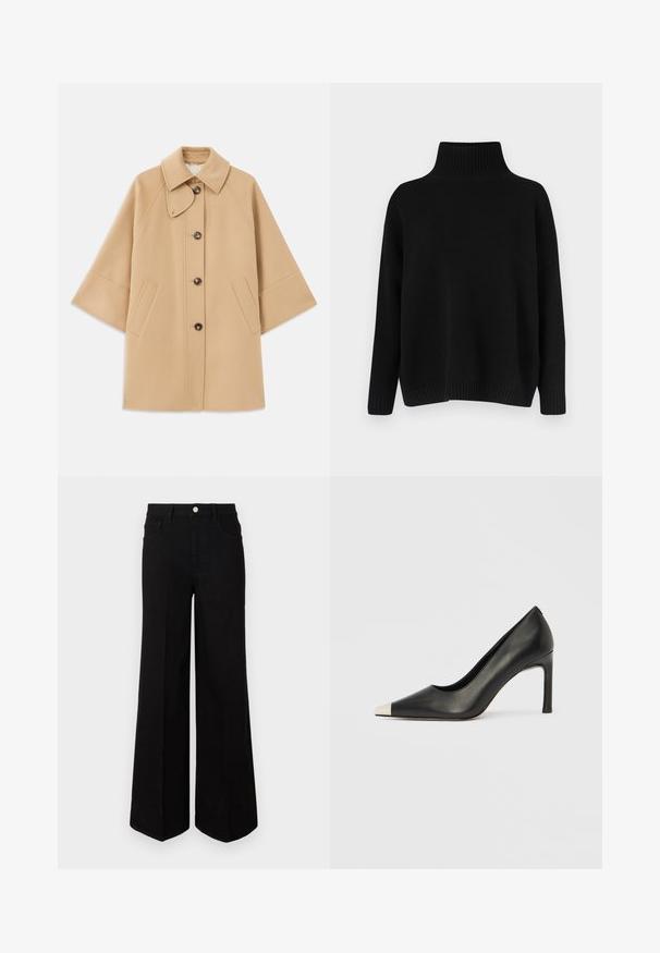 Palton din lână bej, cu un guler clasic, închidere frontală cu nasturi și buzunare laterale; are mâneci raglan și un design curat, structurat.; Pulover negru tricotat, cu guler înalt cu dungi groase, umeri lăsați și croială lejeră. Are manșete și tiv cu dungi groase pentru textură.; Jeanși negri cu picior larg, fabricați dintr-un material rezistent, având talie înaltă, buzunare frontale și închidere cu nasture în față. Tăietură dreaptă la bază.; Pantof cu toc înalt din piele neagră, cu vârf ascuțit și un capac metalic argintiu. Are un finisaj neted și un toc subțire de 10 cm.