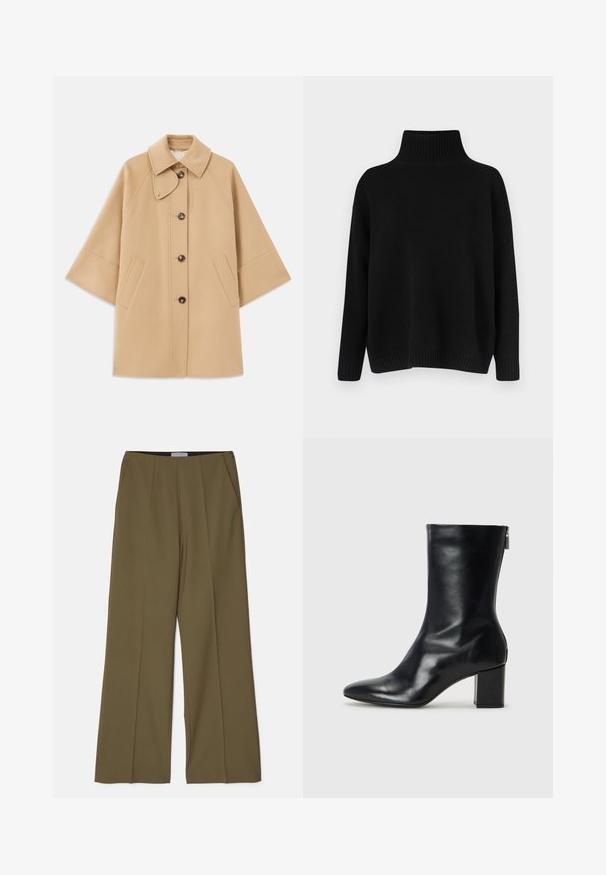 Bežna volnena jopica s klasičnim ovratnikom, sprednjim gumbom za zapiranje in stranskimi žepi; ima raglan rokave in čist, strukturiran dizajn.; Črni pleteni pulover z visokim rebrastim ovratnikom, spuščenimi rameni in sproščenim krojem. Ima rebraste manšete in spodnji rob za dodatno teksturo.; Olive zelene široke hlače z bočnimi žepi in sprednjim pregibom, izdelane iz gladkega blaga znamke Tiger of Sweden.; Črne usnjene gležnjarje s koničastim nosom in 4 cm širokim peto. Elegantna zasnova vsebuje stranski zadrgo za enostavno obuvanje. Gladka tekstura.