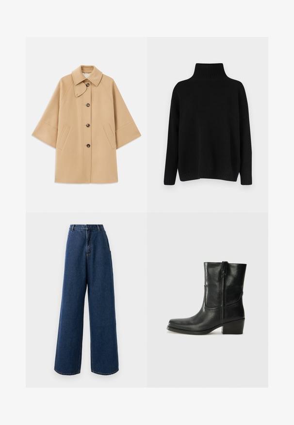 Beige ullblandad kappa med klassisk krage, framknäppning med knappar och sidofickor; har raglanärmar och en ren, strukturerad design.; Svart stickad tröja med hög ribbad krage, nedsänkta axlar och en avslappnad passform. Har ribbade muddar och fåll för textur.; Högmidjade vida jeans i mörkblå denim med knapp- och dragkedjestängning fram, bälteshällor och sidofickor.; Svart läderankelboot med rund tå, blockklack, sidodragkedja och sömmar på ovandelen. Slät textur, klassisk design.