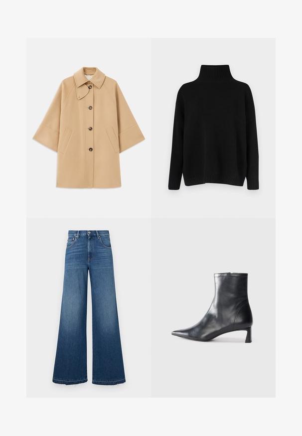 Cappotto in misto lana beige con colletto classico, chiusura frontale con bottoni e tasche laterali; presenta maniche a raglan e un design pulito e strutturato.; Maglione nero lavorato a maglia con collo alto a coste, spalle scese e vestibilità morbida. Presenta polsini e orlo a coste per una texture particolare.; Jeans in denim a gamba larga di colore blu scuro, con vita alta, cinque tasche e orlo sfilacciato per un fitting rilassato e un look casual.; Stivaletto in pelle nera con punta affusolata e design elegante. Presenta un tacco basso e una chiusura con zip sul retro. Texture liscia.