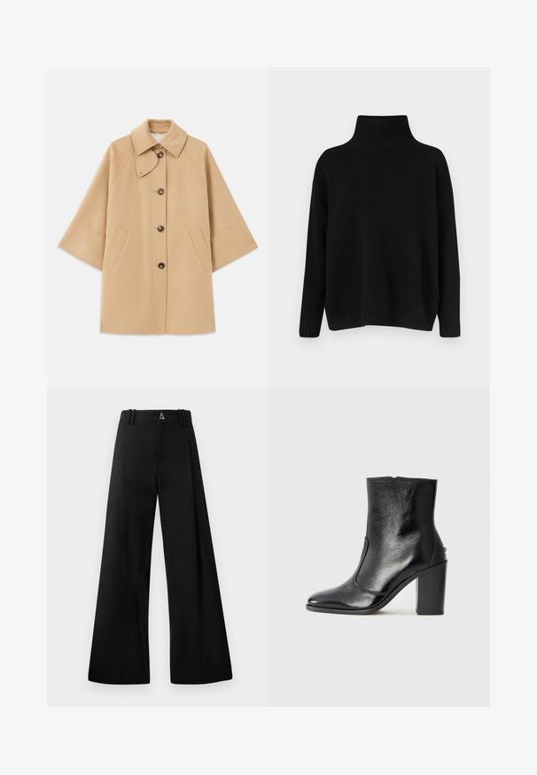 Beige kabát z vlněné směsi s klasickým límcem, zapínáním na knoflíky vpředu a bočními kapsami; má raglánové rukávy a čistý, strukturovaný design.; Černý pletený svetr s vysokým žebrovaným límcem, spadlými rameny a volnějším střihem. Má žebrované manžety a lem pro texturu.; Černé široké kalhoty vyrobené z hladkého materiálu, s vysokým pasem, záhyby a logem na zadní straně. Čistý, dobře střižený design bez vzorů.; Černé kožené kotníkové boty s hladkou texturou, špičatou špičkou a robustním vysokým podpatkem. Mají boční otvor a minimalistický design.