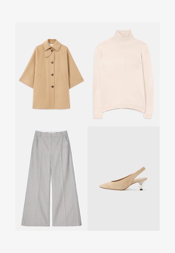 Casaco em mistura de lã bege com colarinho clássico, fecho frontal com botões e bolsos laterais; possui mangas raglan e um design limpo e estruturado.; Pulôver de gola alta de manga longa, na cor rosa clara, com colarinho e bainha canelados, apresentando um corte relaxado e uma textura suave e macia.; Calças largas cinzentas com riscas verticais, apresentando uma textura suave e um leve brilho. Inclui bolsos frontais e uma cinta.; Sapato slingback em camurça bege com bico apontado e um salto arredondado transparente. Textura suave e design minimalista.