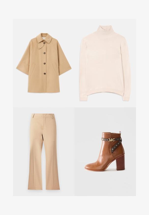 Casaco em mistura de lã bege com colarinho clássico, fecho frontal com botões e bolsos laterais; possui mangas raglan e um design limpo e estruturado.; Pulôver de gola alta de manga longa, na cor rosa clara, com colarinho e bainha canelados, apresentando um corte relaxado e uma textura suave e macia.; Calças largas bejes com uma textura suave, apresentando uma cintura de altura média e pregas frontais limpas. Design simples, sem adornos visíveis.; Bota de tornozelo em couro castanho com salto bloco empilhado, tira lateral com studs dourados e fivela com o logotipo "MK" dourado.